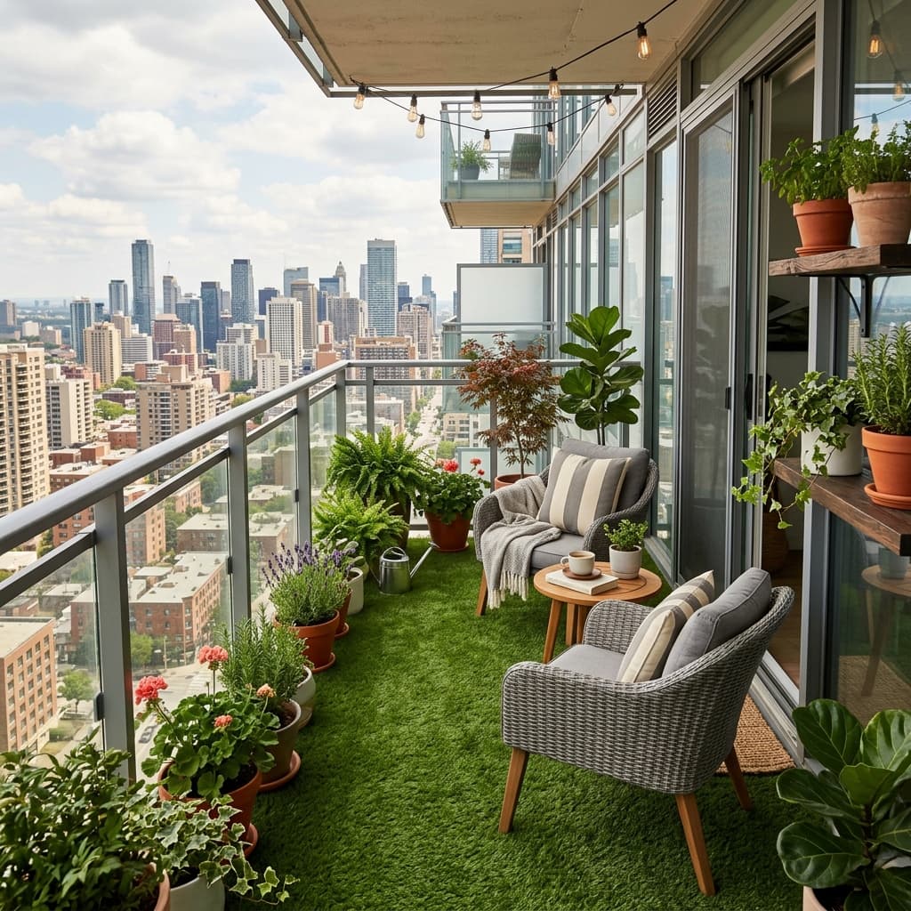 تحويل البلكونة إلى حديقة خضراء بالنجيلة الصناعية